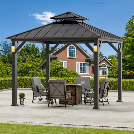 Hardtop Metal Gazebo with Galvanized Steel Roof, LED Lights for Backyard, Deck, Garden