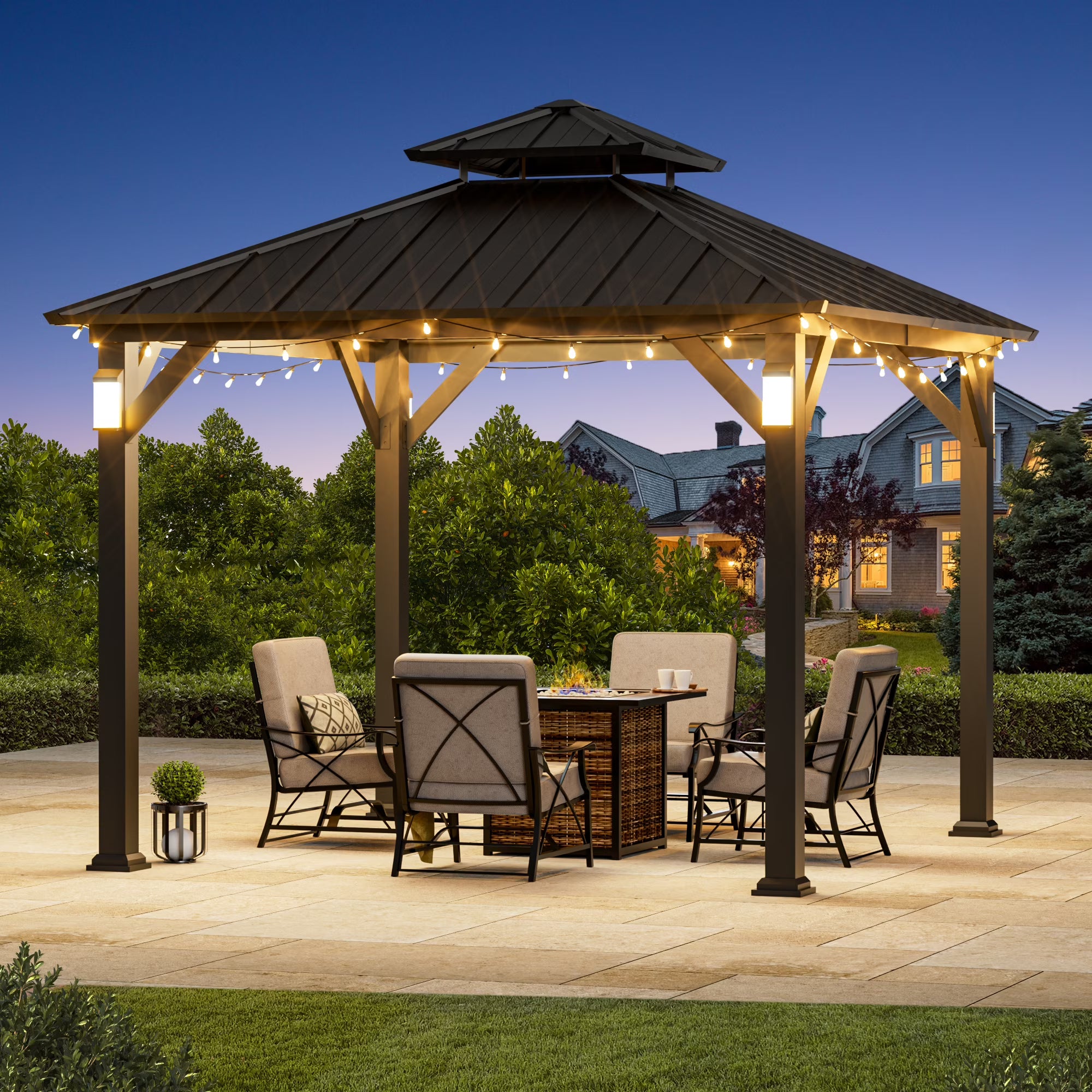 Hardtop Metal Gazebo with Galvanized Steel Roof, LED Lights for Backyard, Deck, Garden