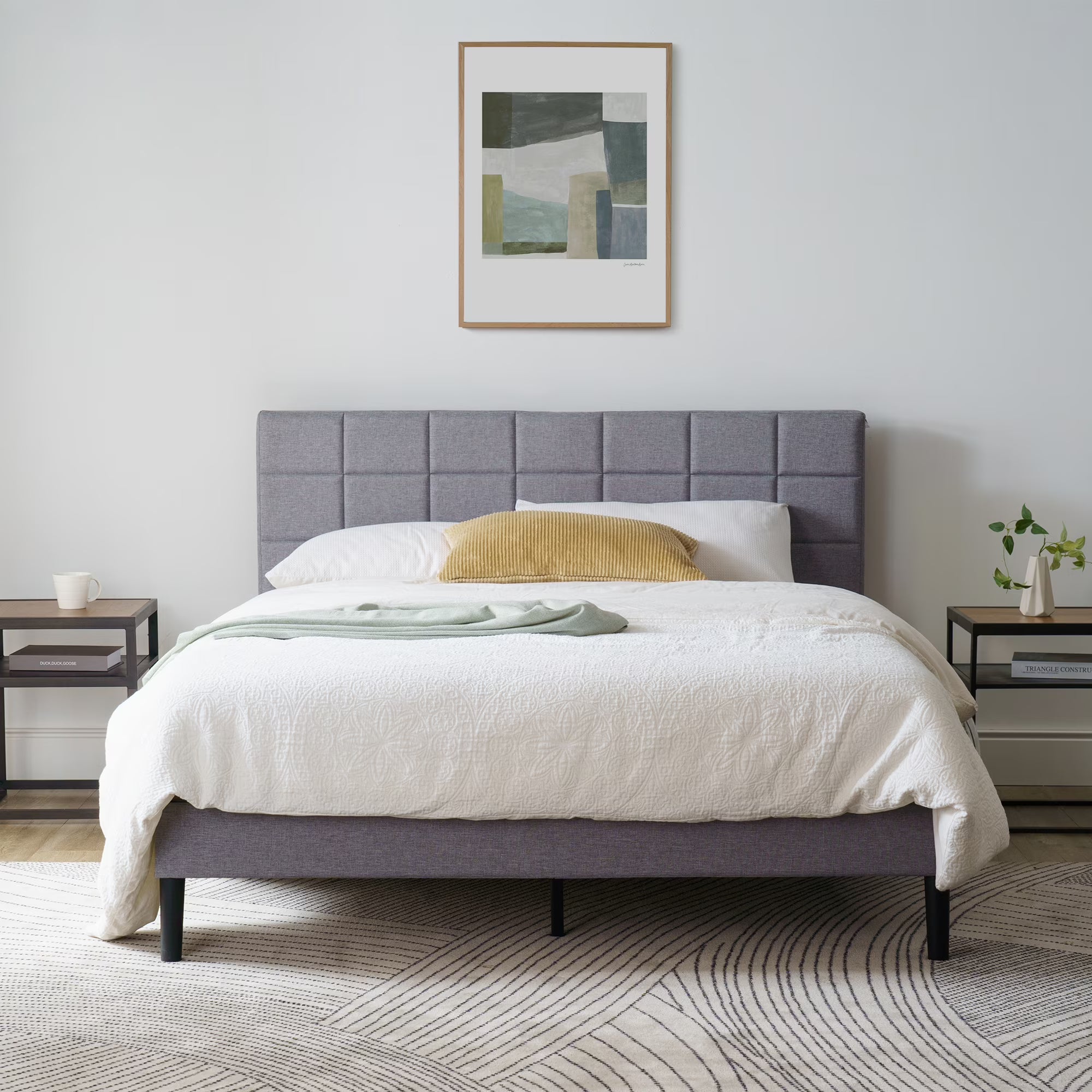 Gray Upholstered Square Tufted Platform Bed, No Box Spring Needed