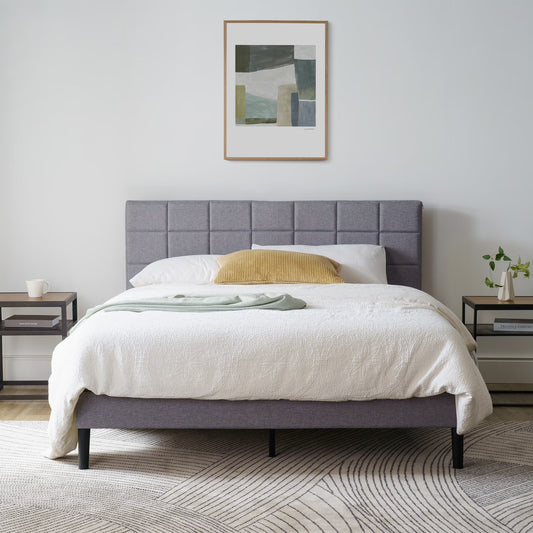 Gray Upholstered Square Tufted Platform Bed, No Box Spring Needed