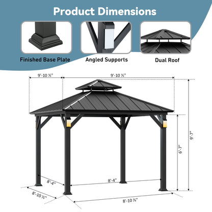 Hardtop Metal Gazebo with Galvanized Steel Roof, LED Lights for Backyard, Deck, Garden