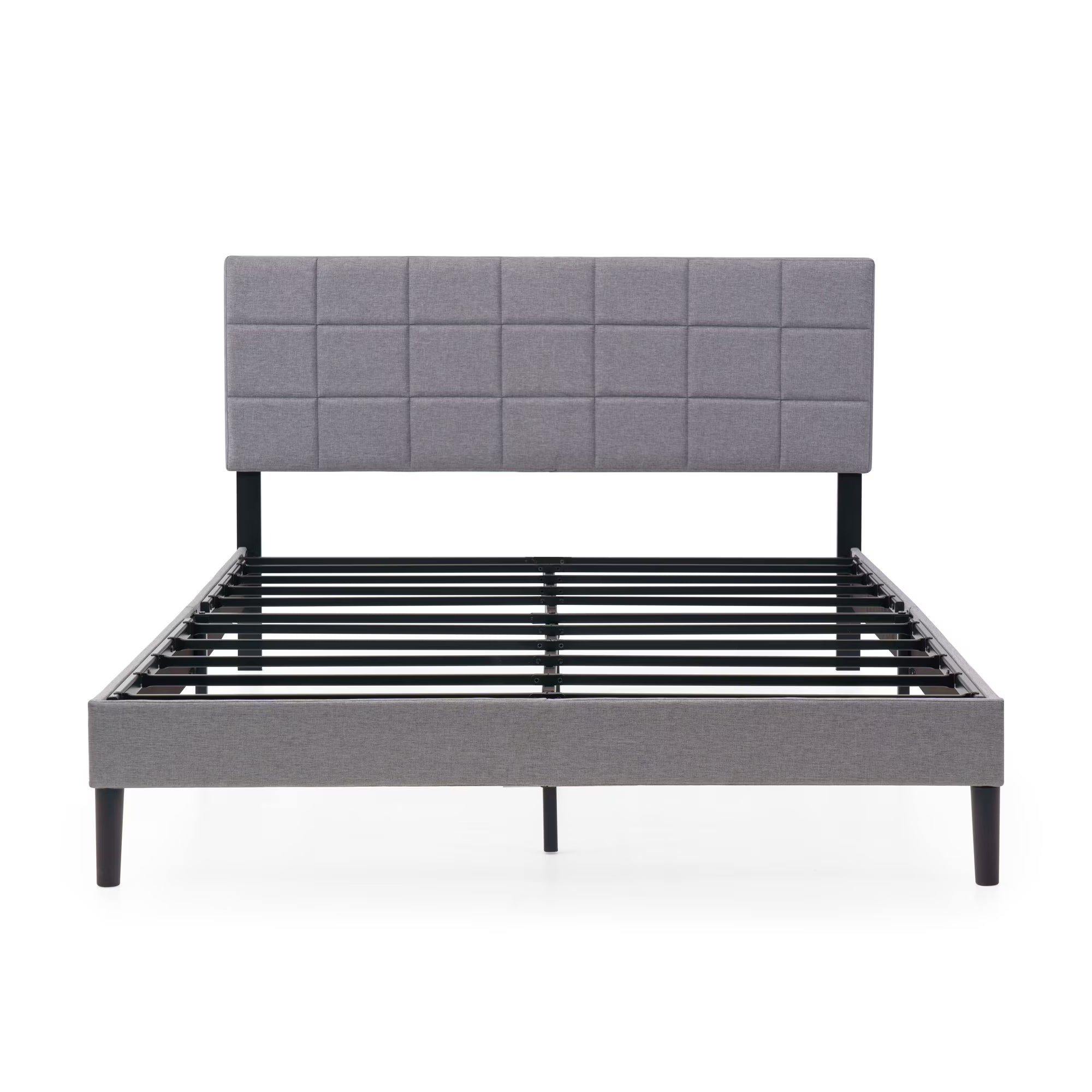 Gray Upholstered Square Tufted Platform Bed, No Box Spring Needed